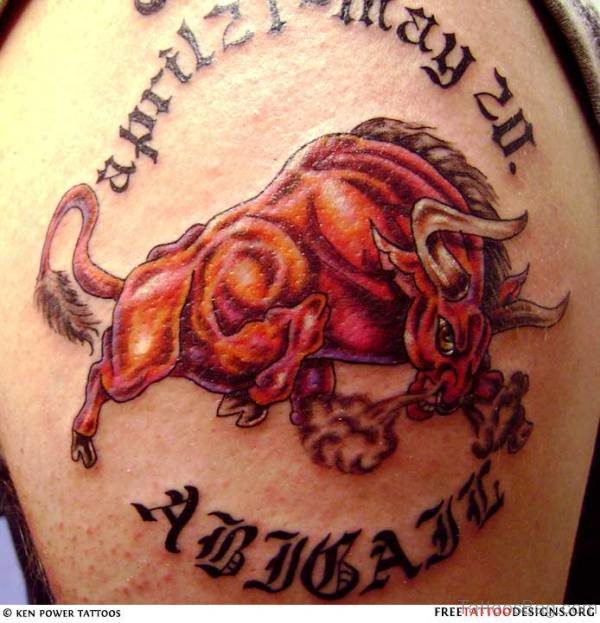 Dangerous Red Bull Tattoo On Shoulder