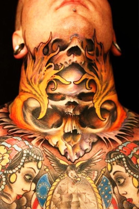 Dangerous Skull Tattoo On Neck