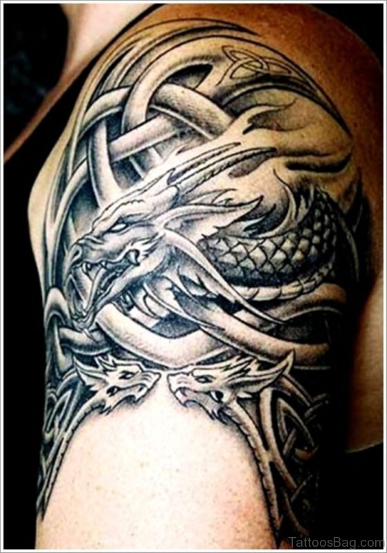 Dargon And Celtic Pattern Shoulder Tattoo