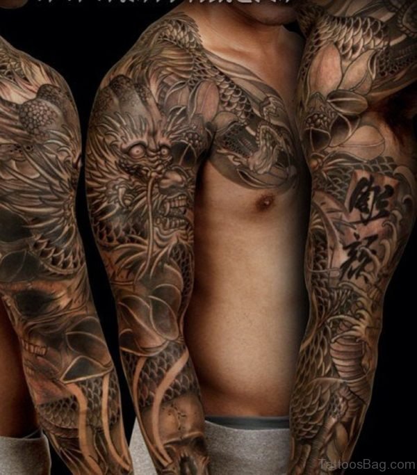 Dargon And Skull Tattoo On Full Sleeve