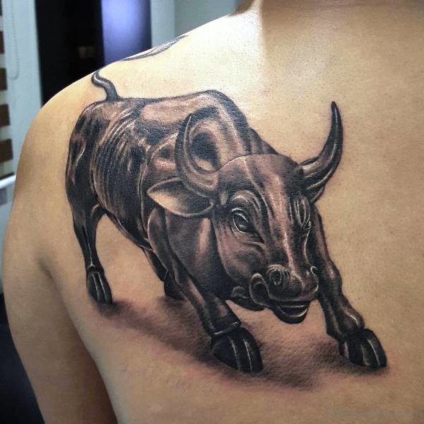 Dark Grey Inked Bull Tattoo On Back