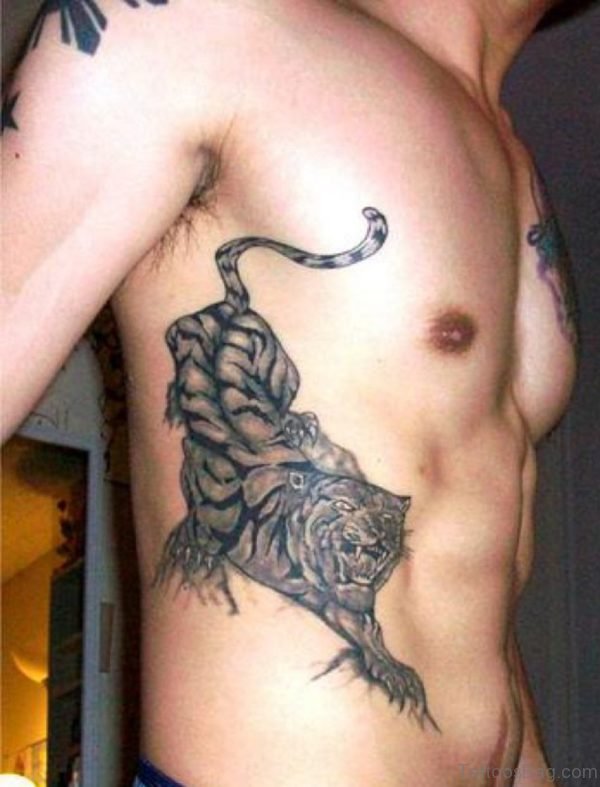 Dark Ink Tiger Tattoo On Rib For Men