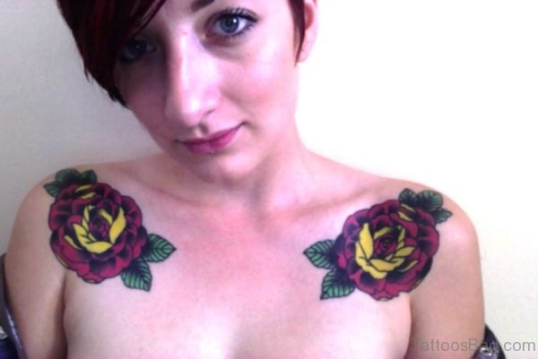 Dark Pink Flower Tattoo On Both Shoulders
