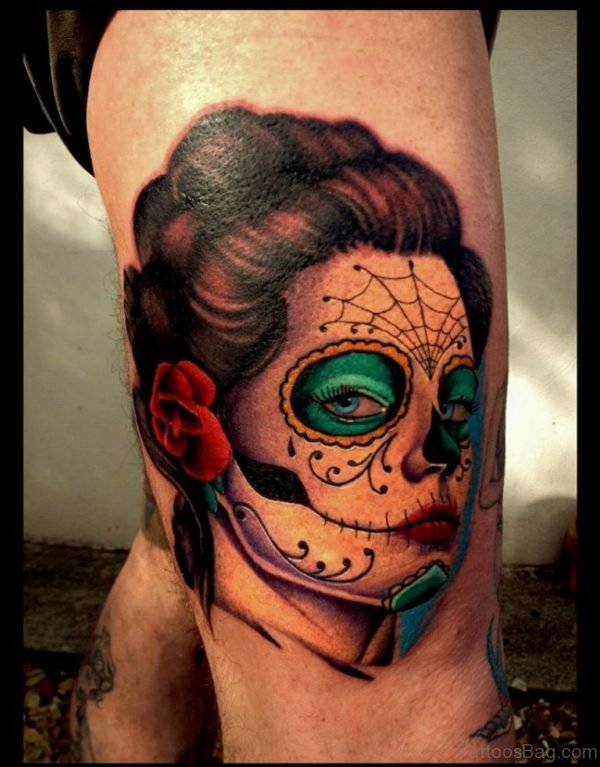 Day Of The Dead Girl Head Tattoo On Thigh