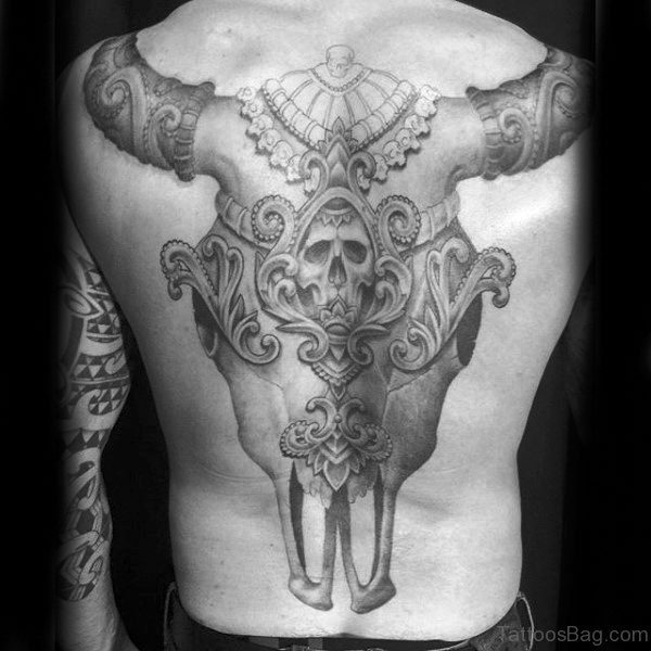 Decorative Bull Skull Tattoo On Full Back