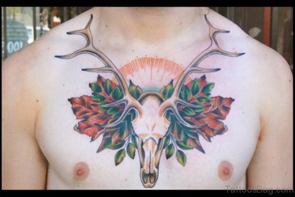 Deer Skull Tattoo On Chest 