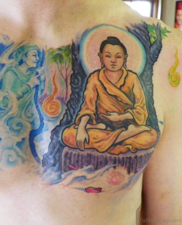 Dog And Buddha Tattoo On Chest
