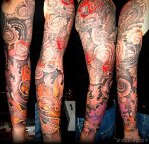 Dragon And Fish Tattoo On Full Sleeve 