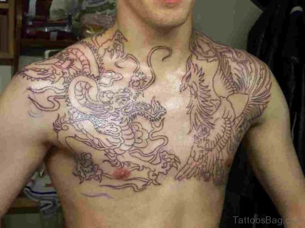 Dragon And Phoenix Outlines Tattoo On Chest