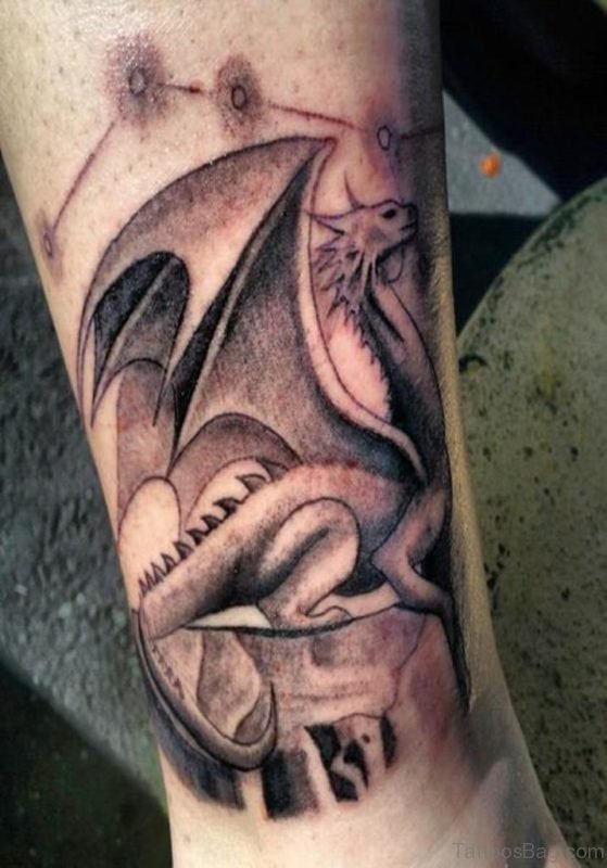 Dragon Grey Ink Tattoo On Leg
