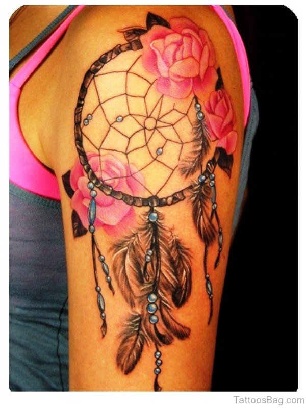 Dream Catcher Flower Tattoo On Shoulder