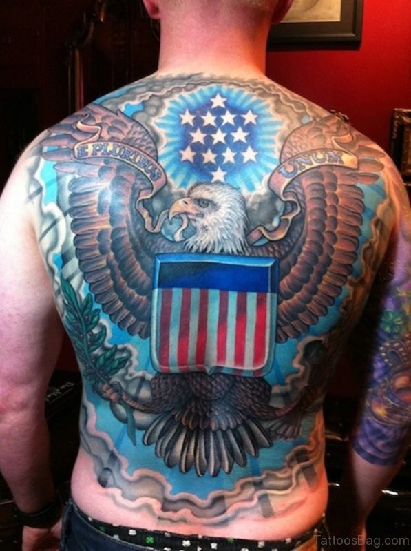 Eagle And USA Flag Tattoo On Back 