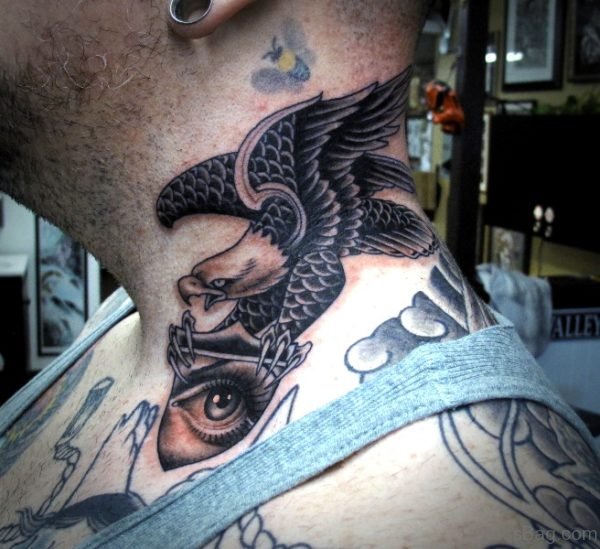 Eagle Holding Eye Tattoo On Neck