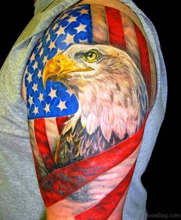 Eagle With American Flag Tattoo On Shoulder 