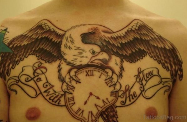 Eagle With Clock Tattoo On Chest