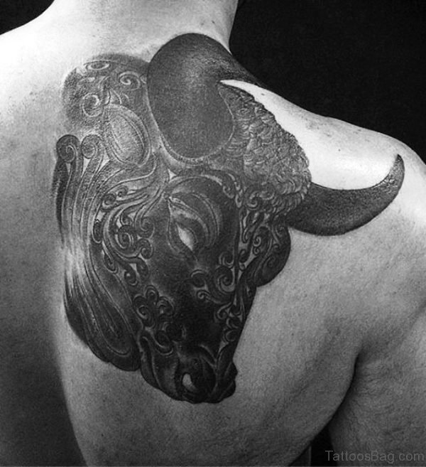 Elegant Black Bull Tattoo On Back Shoulder