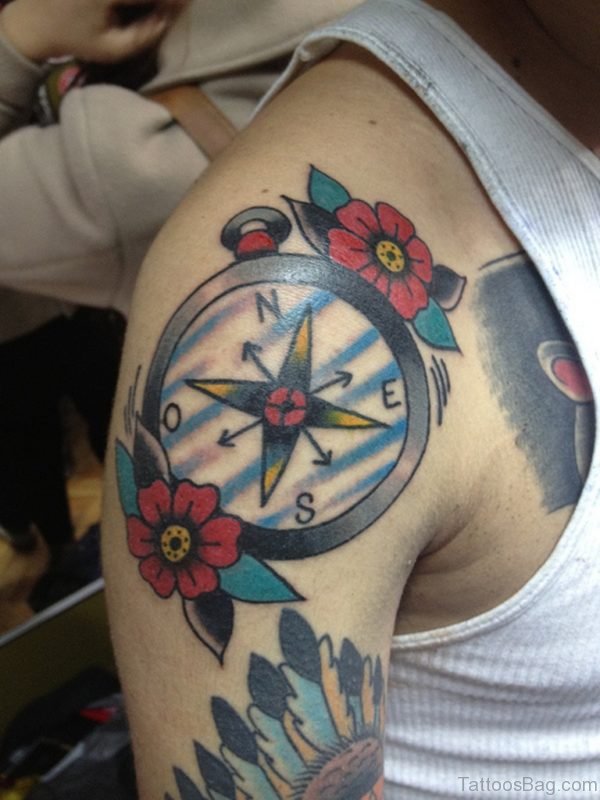 Elegant Compass Tattoo On Shoulder Image