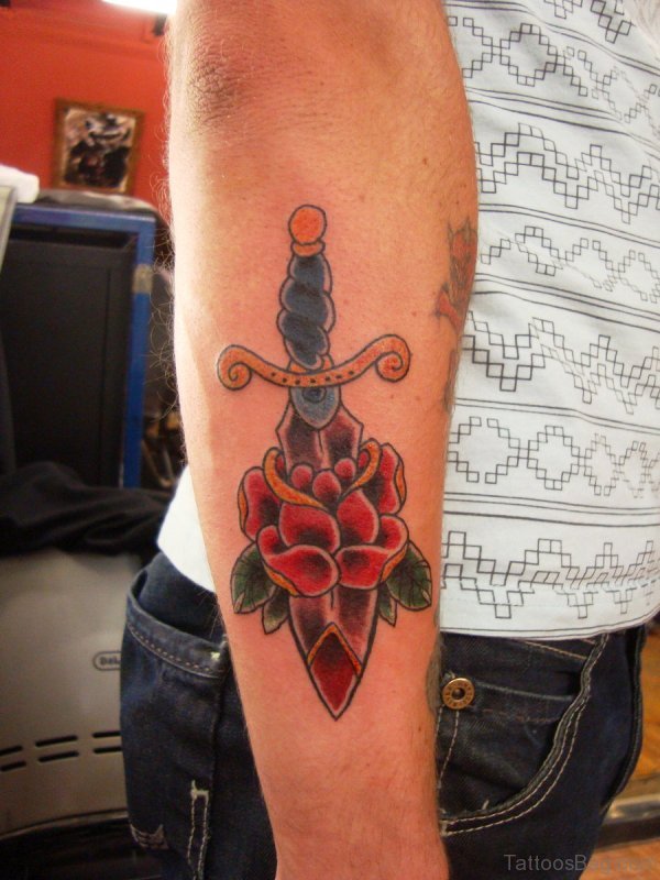 Elegant Dagger With Red Rose Tattoo