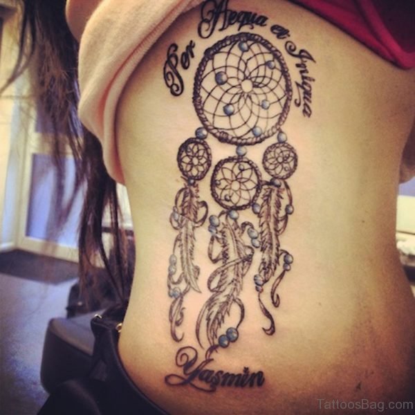 Elegant Dreamcatcher Tattoo Design On Rib