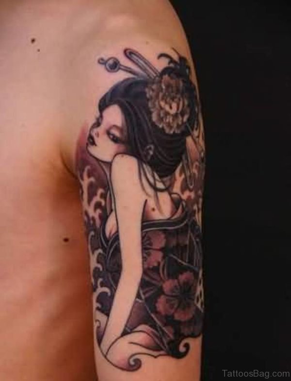 Elegant Geisha Tattoo On Left Shoulder