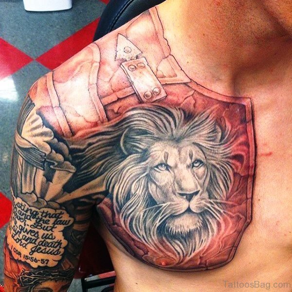 Elegant Lion Armour Tattoo On Chest