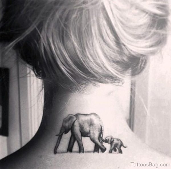Elephant And Baby Tattoo On Neck