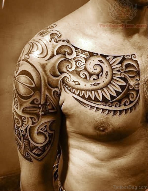 Excellent Armour Tattoo On Chest And Shoulder
