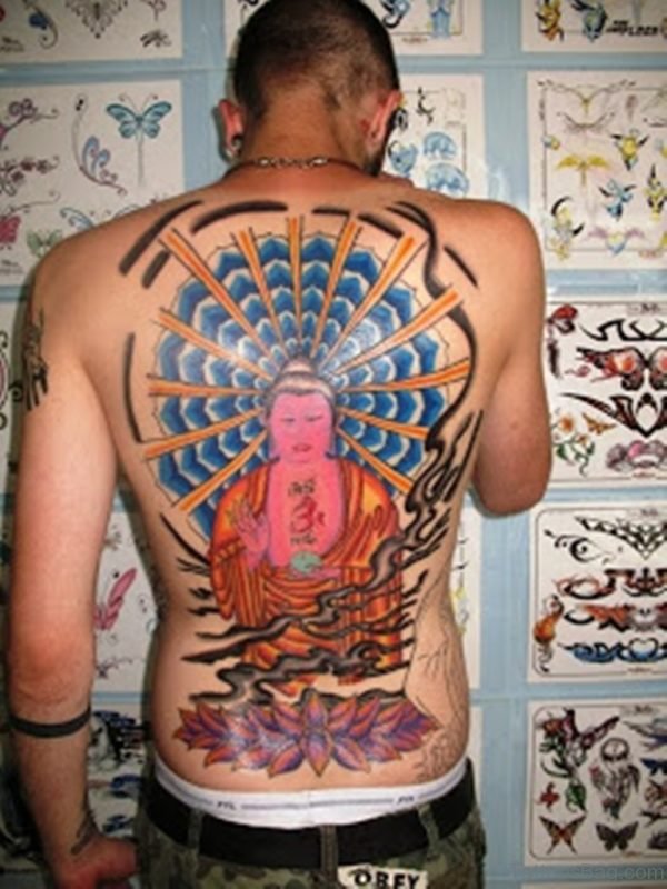 Excellent Buddha Tattoo On Back 