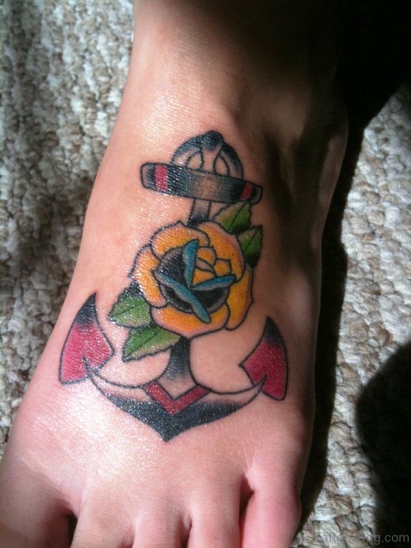 Excellent Colorful Anchor Tattoo On Foot