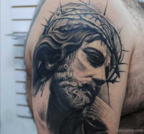 Excellent Jesus Tattoo On Shoulder