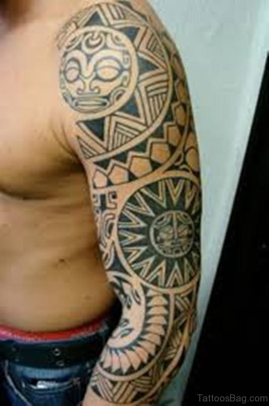Excellent Maori Tribal Tattoo On Full Sleeve