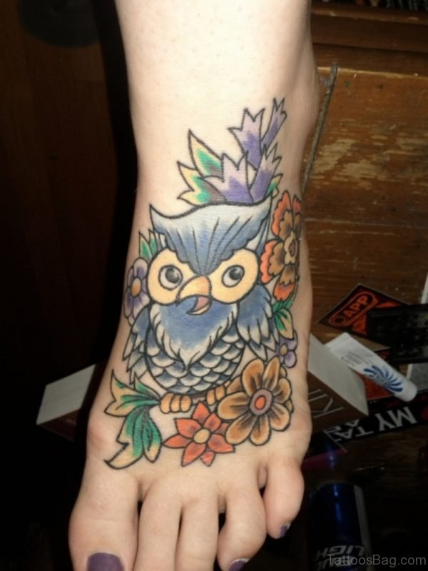 Excellent Owl Tattoo On Foot