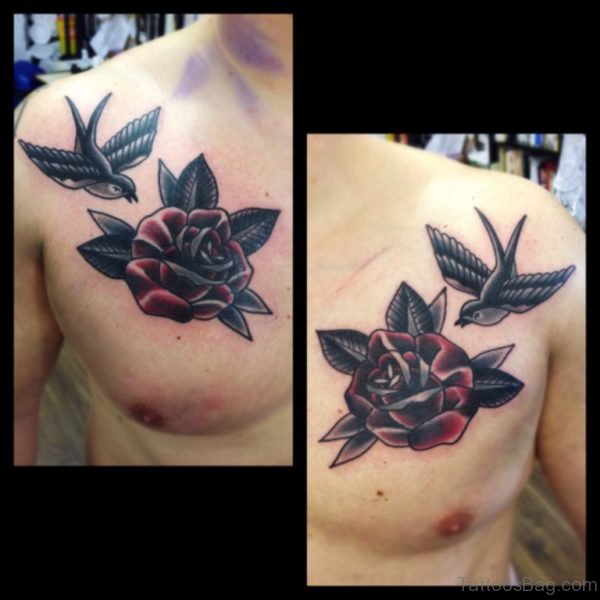 Excellent Rose And Swallow Tattoo