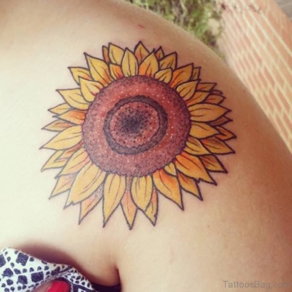 Excellent Sunflower Tattoo On Shoulder