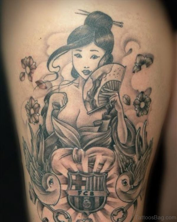 Extreme Grey Ink Geisha Tattoo On Thigh