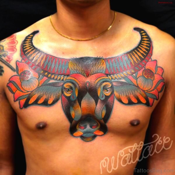 Fabulous Colorful Bull Tattoo On Chest