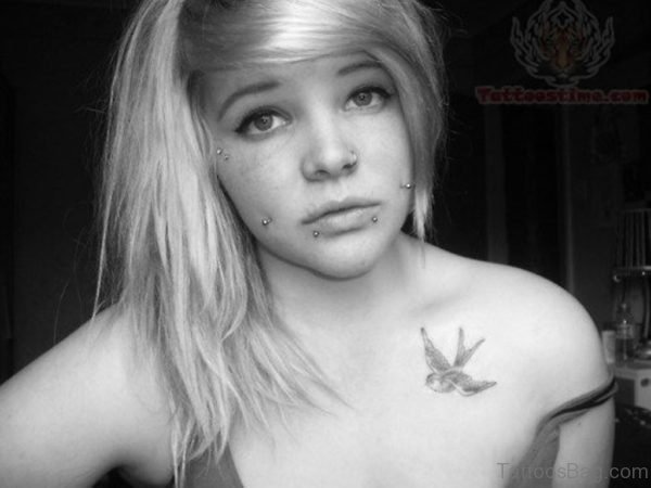 Face Piercing Swallow Tattoo On Chest