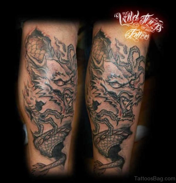 Fanciful Leg Dragon Tattoo