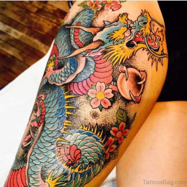 Fancy Dragon Tattoo On Thigh