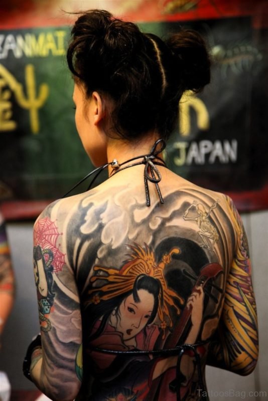 Fancy Geisha Tattoo On Back