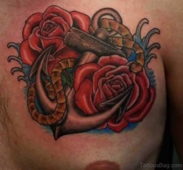 Fantastic Anchor And Red Rose Tattoo On Chest