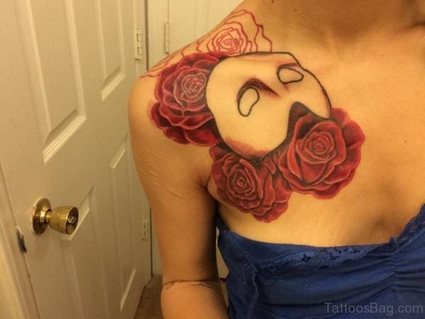 Fantatsic Rose And Mask Tattoo On Front Shoulder