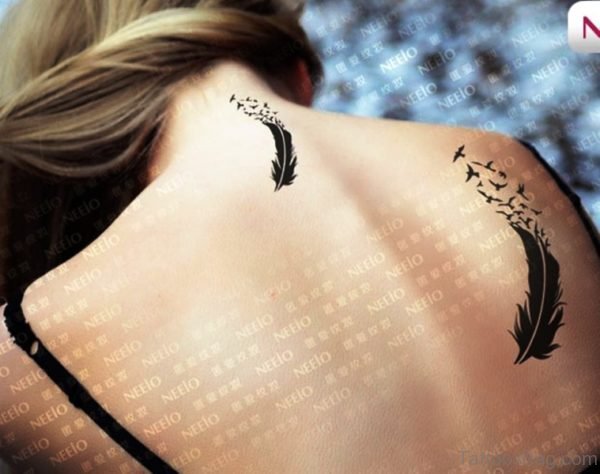 Feather And Bird Tattoo On Neck