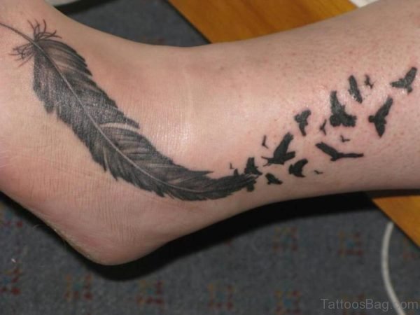 Feather And Birds Tattoo On Ankle