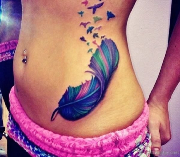 Feather And Birds Tattoo On Rib