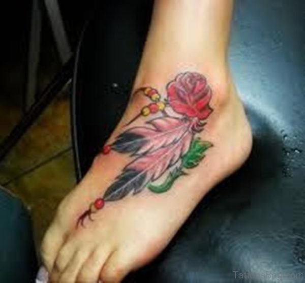 Feather Rose Ankle Tattoo