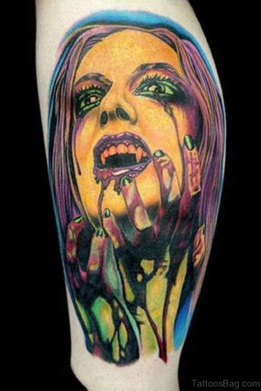 Female Zombie Colored Tattoo On Leg