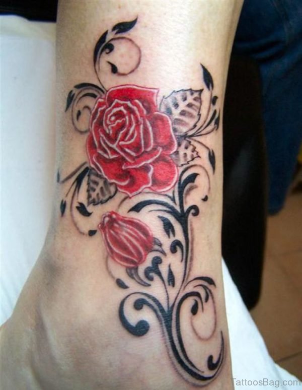Feminine Red Rose Tattoo On Ankle