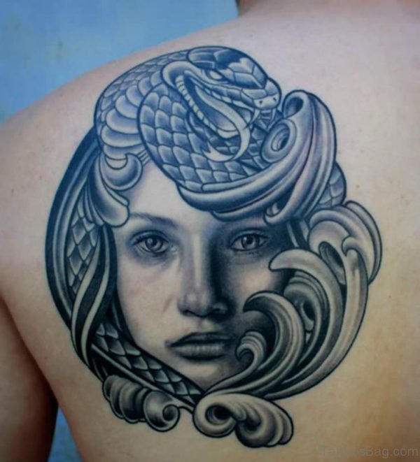 Fine Medusa Head Tattoo On Back Shoulder