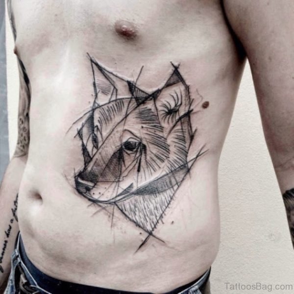 Fine Wolf Tattoo On Rib